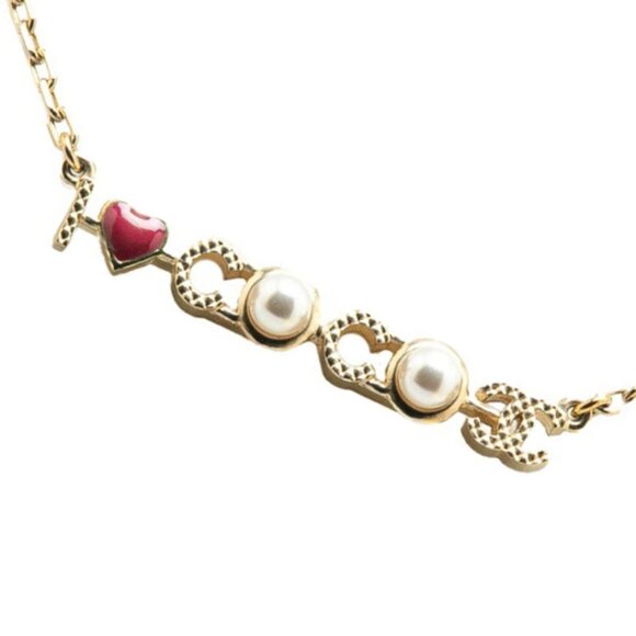 CHANEL CC Logos Pearl I LOVE COCO Red Heart Necklace 18" Gold Tone - Picture 3 of 4